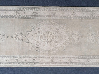 Faded hallway runner rug, 11'5x2'9, pastel runner rug, faded turkish runner rug, vintage runner rug, muted entryway rug,oushak runner rug