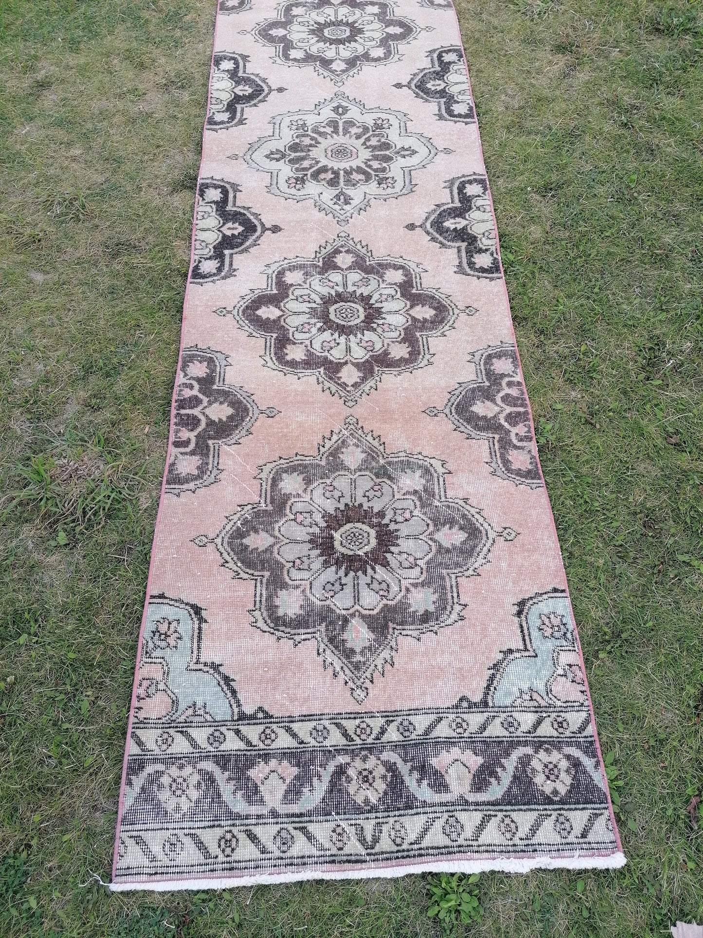 2'8x11'10 oushak turkish runner rug, vintage green runner rug, vintage wool runne, vintage hand made rug , kitchen runner rug,