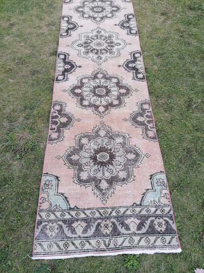 2'8x11'10 oushak turkish runner rug, vintage green runner rug, vintage wool runne, vintage hand made rug , kitchen runner rug,