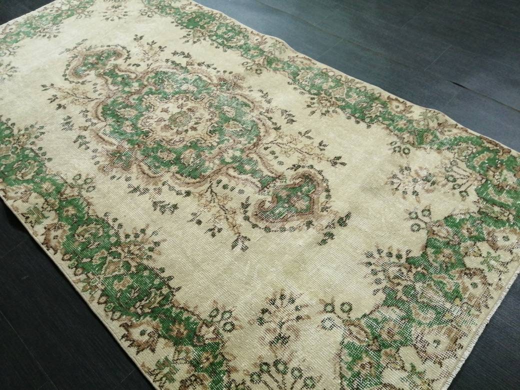GREEN Rug, Vintage Oushak Rug, 3.7 X 6.8 Rustic Rug, Bohemian Rug, Rug Runner, Turkish Rug, Farmhouse Rug, Vintage Rug,Wool rug Oriental Rug