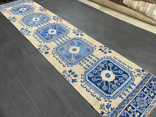 Blue and Blue Vintage Runner Rug Vintage Oushak Runner Rug 2.7 x 12  Hallway Runner Rug Turkish Kitchen Runner Antique Oriental Runner Rug