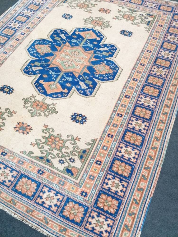 Turkish blue wool rug, vintage oushak rug 5x6'8