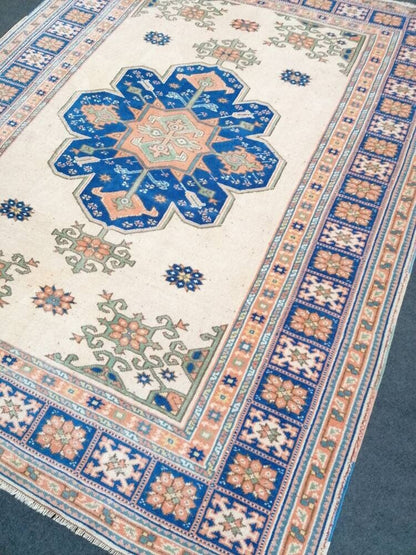 Turkish blue wool rug, vintage oushak rug 5x6'8