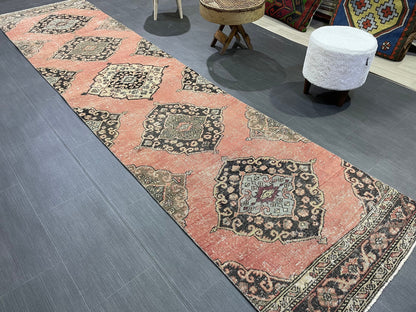 Vintage Turkish Runner Rug, Oushak Runner Rug, Handmade 2.9 x 11.6 Runner Rug, Hand Knotted Runner Rug, Hallway Runner, Kitchen Runner
