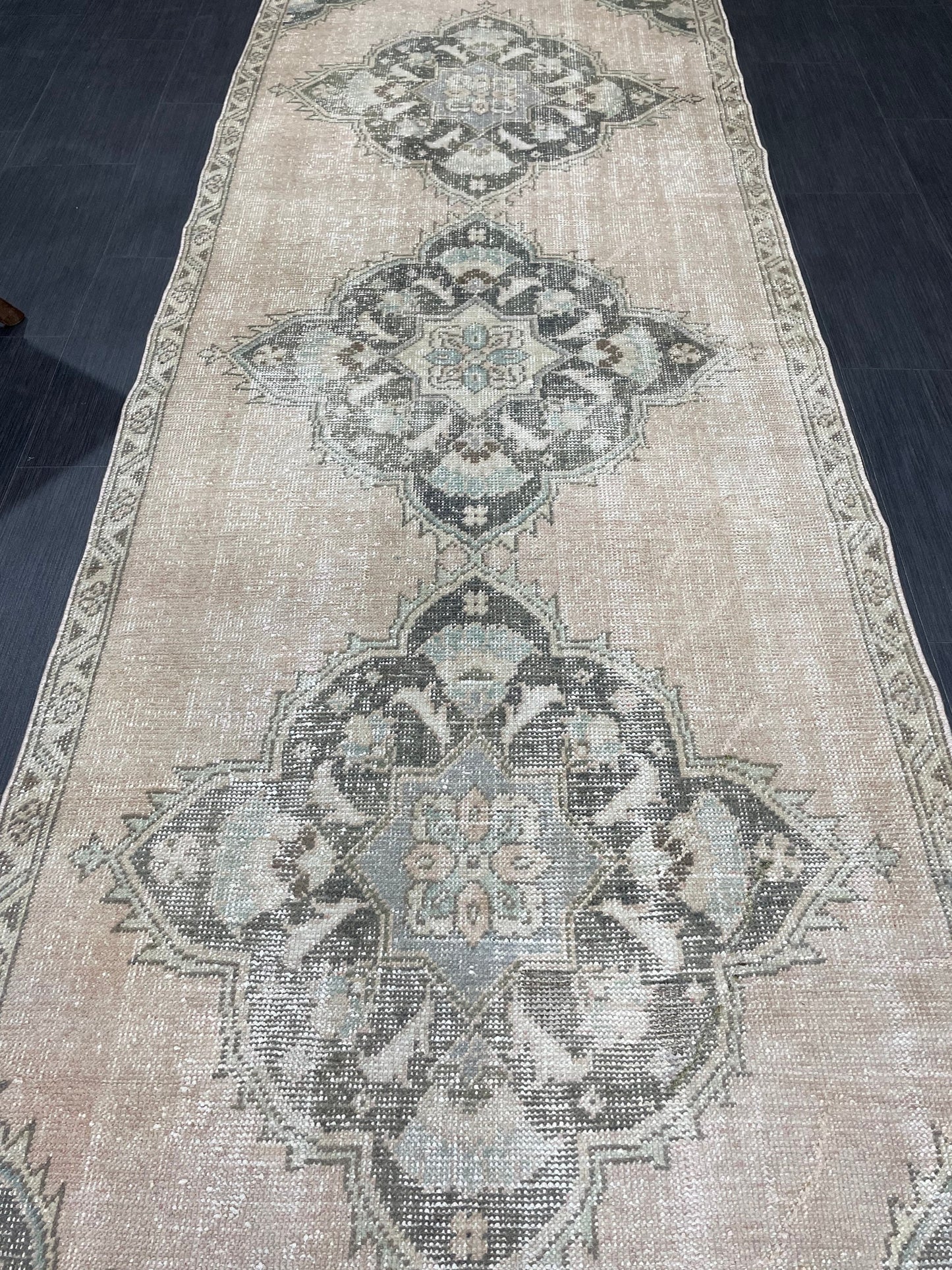 3.4 x 11.2 Faded Oushak Runner Rug Turkish Runner Rug Distressed Vintage Runner Rug Hallway Runner Kitchen Runner Wool Pastel Pink And Green