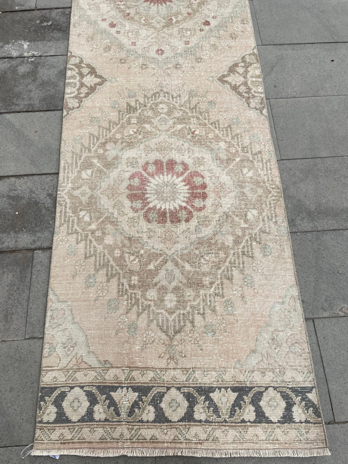 Muted Vintage Runner Rug, Turkish Runner 2.8 x 12.5 Rug, Handmade Runner Hallway Runner Soft Pink Kitchen Runner Rug Wool Runner Oushak Rug