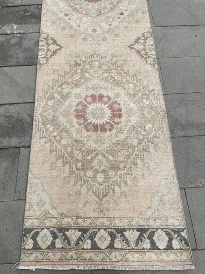 Muted Vintage Runner Rug, Turkish Runner 2.8 x 12.5 Rug, Handmade Runner Hallway Runner Soft Pink Kitchen Runner Rug Wool Runner Oushak Rug