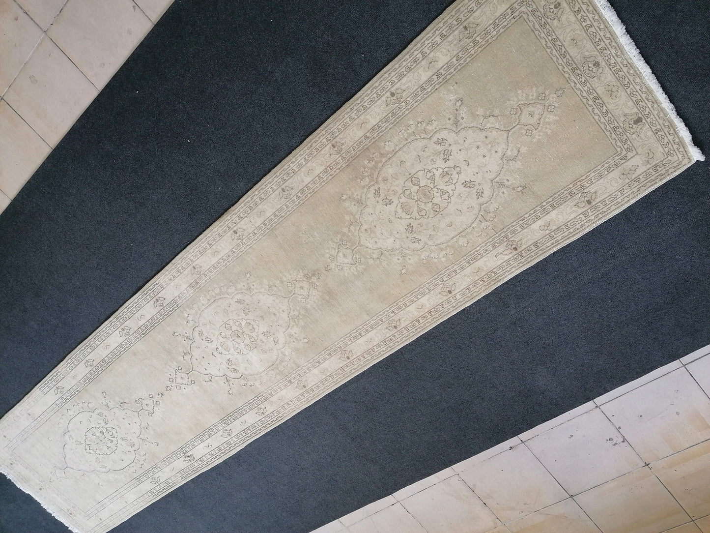 Faded hallway runner rug, 11'5x2'9, pastel runner rug, faded turkish runner rug, vintage runner rug, muted entryway rug,oushak runner rug