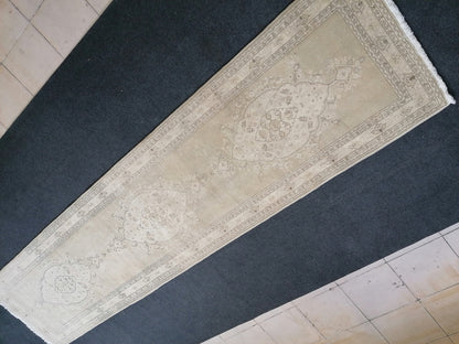 Faded hallway runner rug, 11'5x2'9, pastel runner rug, faded turkish runner rug, vintage runner rug, muted entryway rug,oushak runner rug
