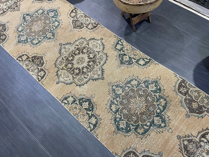 Muted  Handmade Runner Rug, Turkish Runner 2.10 x 13 Rug, Vintage Runner Rug Hallway Runner Rug, Hand Knotted Runner Rug, Persian Runner