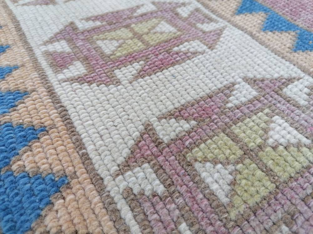 Turkish wool rug, vintage hand made rug, oushak pink rug 4'4x6'3 living room rug, area rug