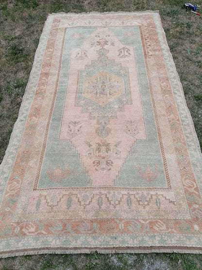Vintage pastel rug 5'1x9'4 turkish oushak rug, rustic unsual tribal rug retro style rug traditional turkish design