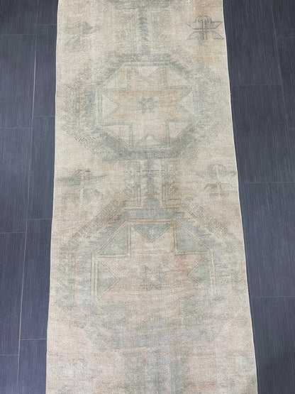 Muted Vintage Runner Rug 2.8 x 12.7 ft Muted Turkish runner rug Wool Pile Oushak Runner Hallway Rug runner Hand Knotted Star Runner Rug