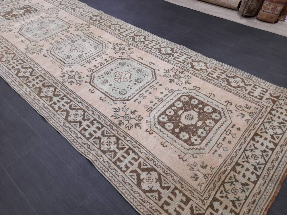 Vintage TURKISH Runner Rug Vintage Runner Rug 4.4 x 12.2 Oriental Runner Rug Wool Oushak Rug Hand Knotted Rugs Vintage Turkish Runner Rug