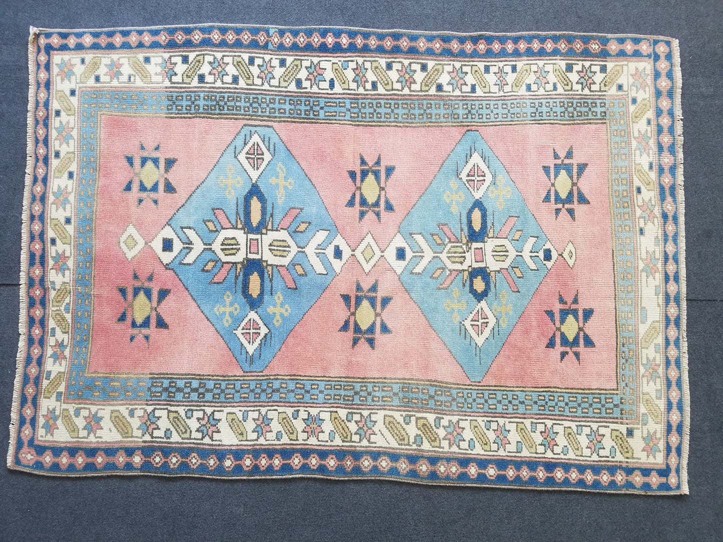 Blue vintage wool rug. pink turkish oushak rug 3'10x5'7 bohemian rug, living room rug, handmade wool rugs