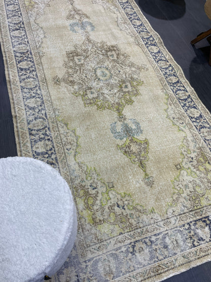 Muted Vintage Turkish Oushak Rug, Antique 3.8 x 8 Rug, Distressed Vintage Wool Rug, Handmade Rug, Hand Knotted