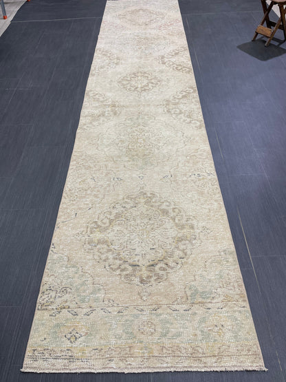 MUTED Runner Rug 2.8 x 12.7 Vintage Turkish Runner XL Vintage Natural Runner Rug Oushak Runner Rug Persian Soft Wool Runner