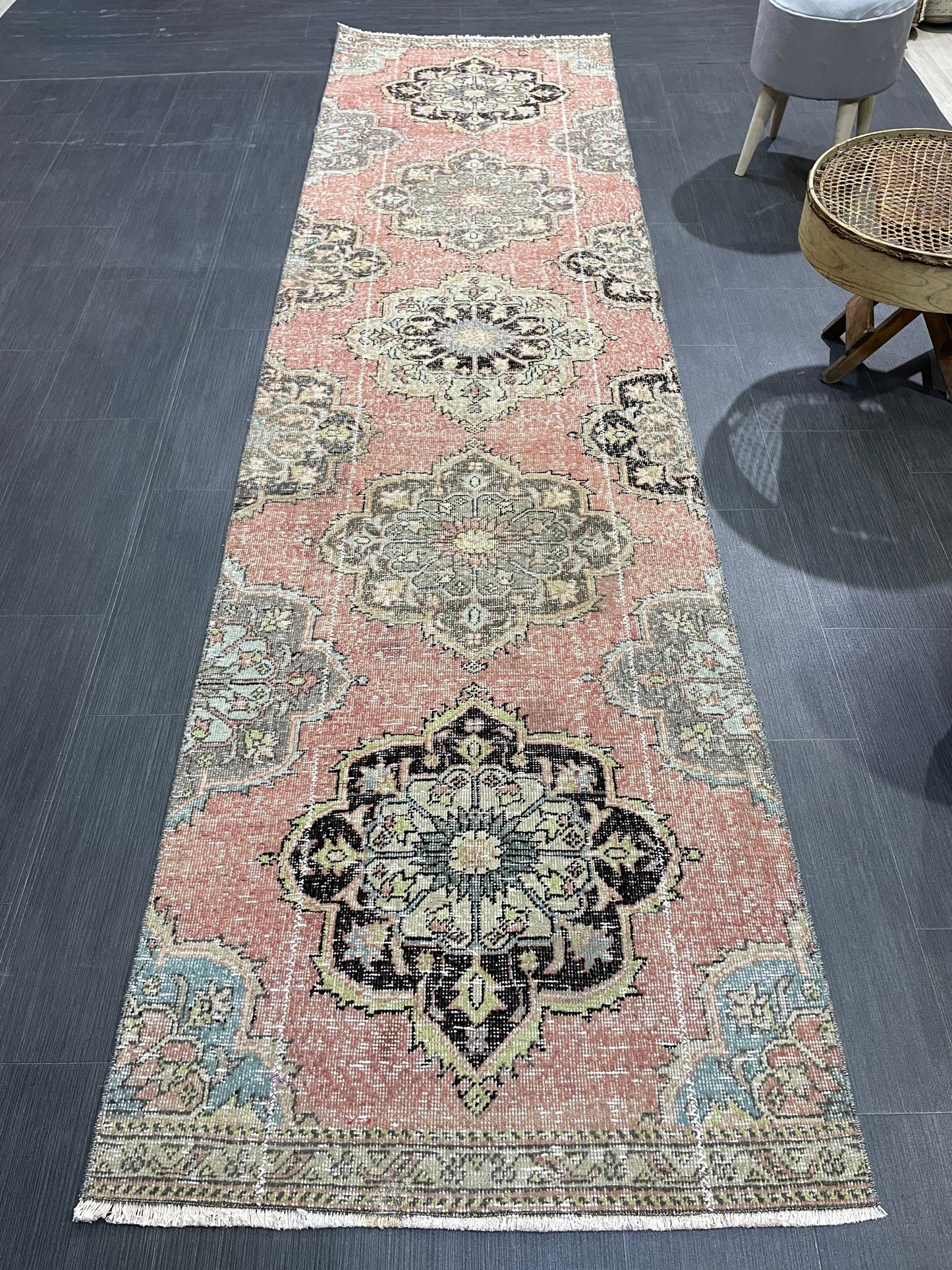 VINTAGE RUNNER Rug, Distressed Turkish 2.10 x 10.7 Runner Rug, Oushak Runner Rug, Hand woven Rug, Oriental runner Rug