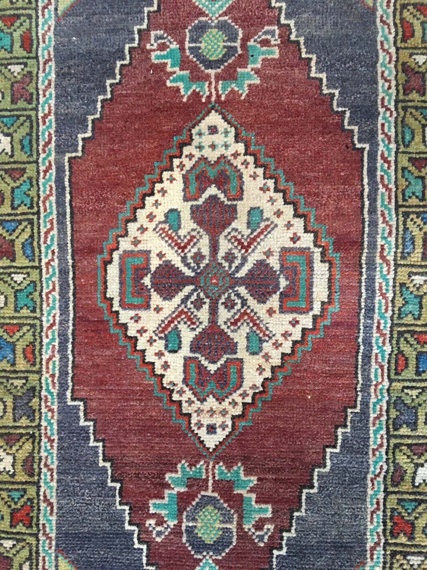 1.5x3.4 feet handmade claret red kitchen mini floor rug, turkish wool grey bedroom area mini rug, small oushak rug,vintage bathroom tiny rug