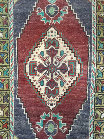1.5x3.4 feet handmade claret red kitchen mini floor rug, turkish wool grey bedroom area mini rug, small oushak rug,vintage bathroom tiny rug