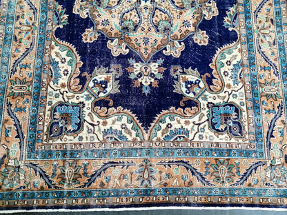 Blue Oushak Rug, 7 x 10.7 Vintage Rug, Bohemian Rug, Rug Runner, Turkish Rug, Farmhouse Rug, Blue Vintage Rug, Wool  Oriental Rug