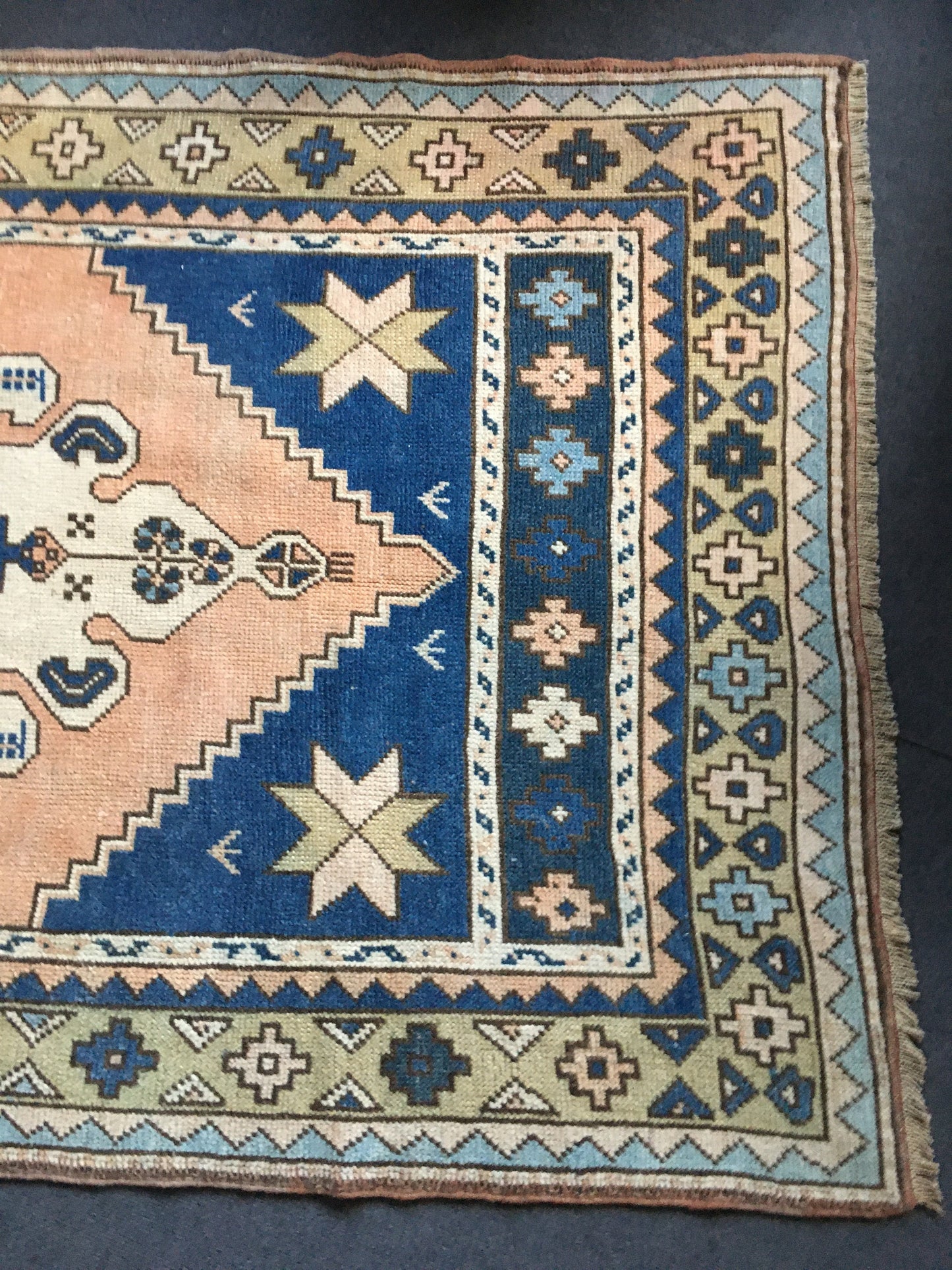 4x7.6 feet handmade blue kitchen floor rug, vintage living room area rug, pink turkish bedroom rug, oushak bathroom rug, wool bohemian rug