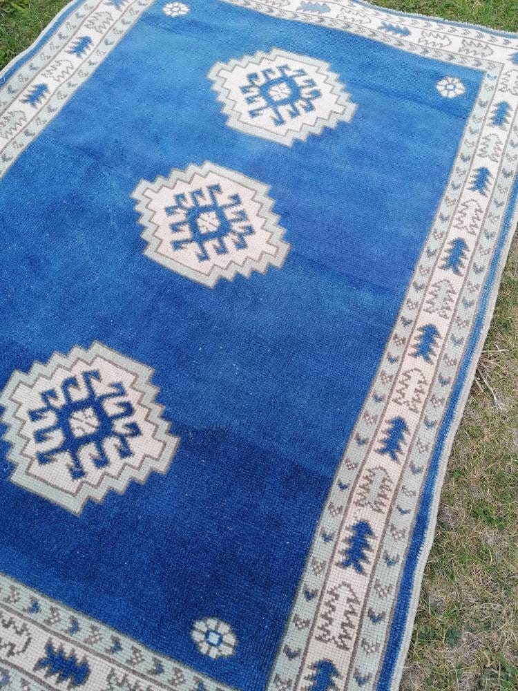 Turkish blue rug, vintage wool rug, oushak vintage rug,kitchen rug, 4x5'6 vintage anatolian rug,unique hand made bohemian