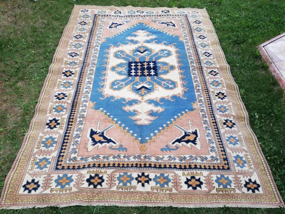 Turkish oushak wool rug 6'8x9'6 large blue rug, vintage handmade rug bohemian rug living room rug
