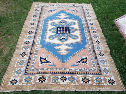 Turkish oushak wool rug 6'8x9'6 large blue rug, vintage handmade rug bohemian rug living room rug