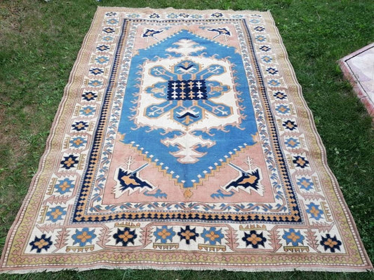 Turkish oushak wool rug 6'8x9'6 large blue rug, vintage handmade rug bohemian rug living room rug