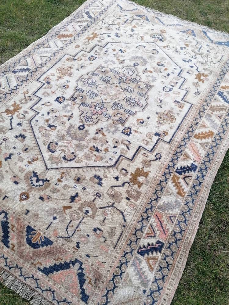 Oushak turkish wool rug 5'6x7'6 pastel vintage handmade rug, living room rug