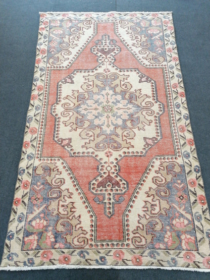 Vintage wool rug, turkish  handmade rug, boho floor rug, oriental hand knotted rug, are  oushak rug, bohemian rug 4'2x7'2