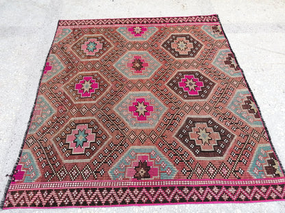 5'9x5'5 flatwoven with embroidery rug turkish hand made rugs vintage turkish rugs oushak rug vintage oushak rug, wool rug