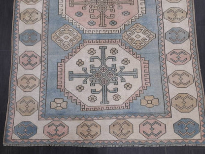 Distressed Wool Hand Made Rug Vintage Oushak Rug Blue 5x8  Oriental Rug, Rug Vintage Turkish Rug, Farmhouse Rug Vintage Rug Living room Rug