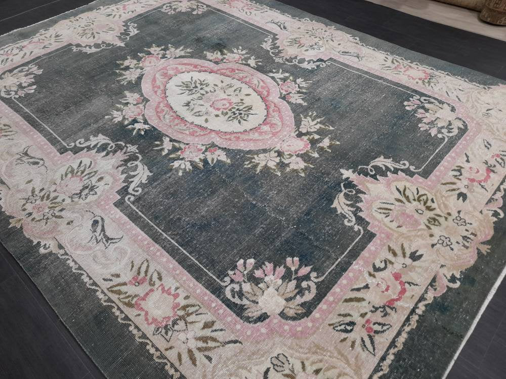 Vintage RUG  Hunter Green and Light Pink Antique Rug Vintage Wool 7.3 x 10 Oriental Rug Hand Made Rug Hand Knotted  Rug Wool on wool Rug