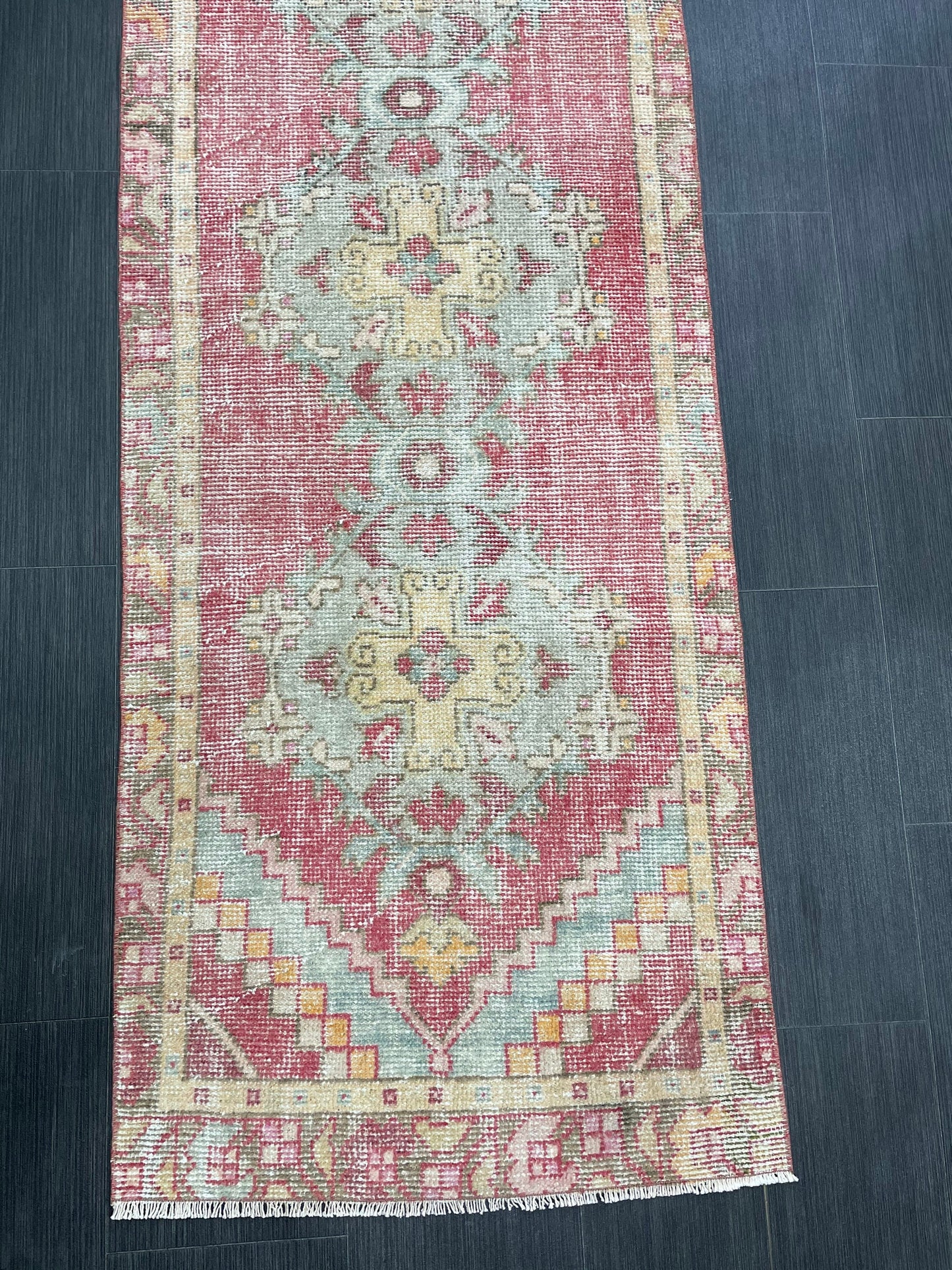 Short Vintage Runner Rug 2.4 x 8.5 Hand Knotted Runner Rug Turkish Runner Rug Vintage Runner Rug Hallway Runner Rug Wool Kitchen Runner