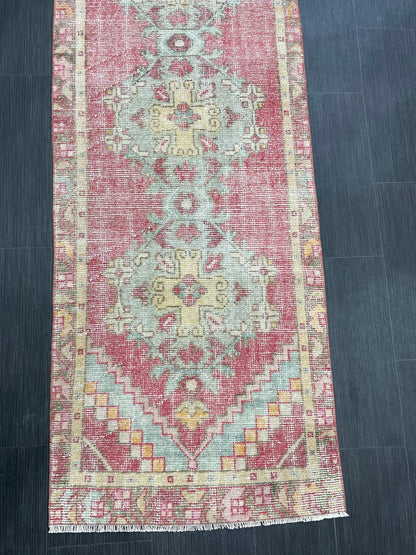 Short Vintage Runner Rug 2.4 x 8.5 Hand Knotted Runner Rug Turkish Runner Rug Vintage Runner Rug Hallway Runner Rug Wool Kitchen Runner