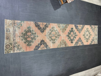 Vintage Runner Rug 2.7 x 12.3 Muted Hallway Runner Rug Kitchen Runner Rug Muted Wool Runner Rug Muted Oushak Rug Pretty Turkish Runner