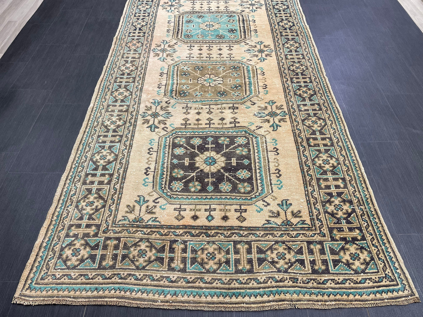 Vintage Runner Rug 4.5 x 11.8 Muted TURKISH Muted Runner Rug Vintage Oushak Runner Rug Long Runner Rug Wool Oriental Runner Handmade Runner