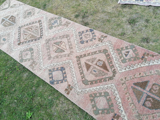 3x11 long persian motif runner rug, handmade wool brown entryway runner, turkish anatolian runner, kitchen oushak runner,vintage hallway rug