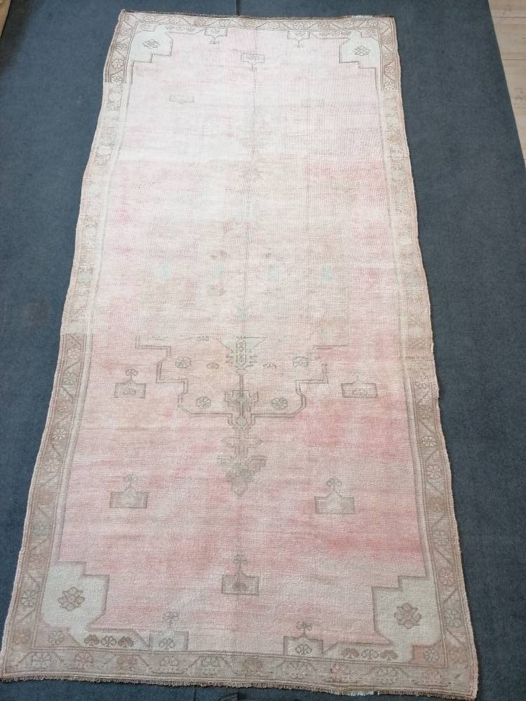 4.10 x 10.2 muted vintage rug, faded oushak rug - hand made rug, natural Turkish wool rug,