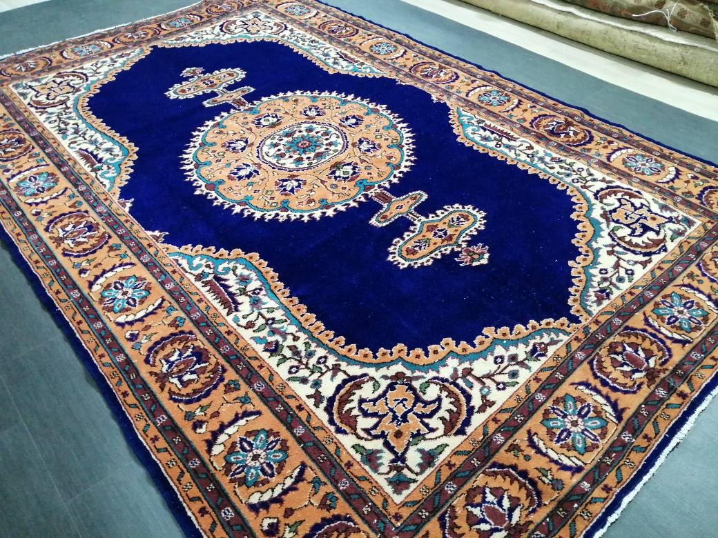 Navy High Wool Pile OUSHAK RUG 7 x 10.7 TURKISH Oushak Rug Vintage High Pile Oushak  Rug Vintage Rug Wool Oushak Rug Blue Rugs Persian Rug