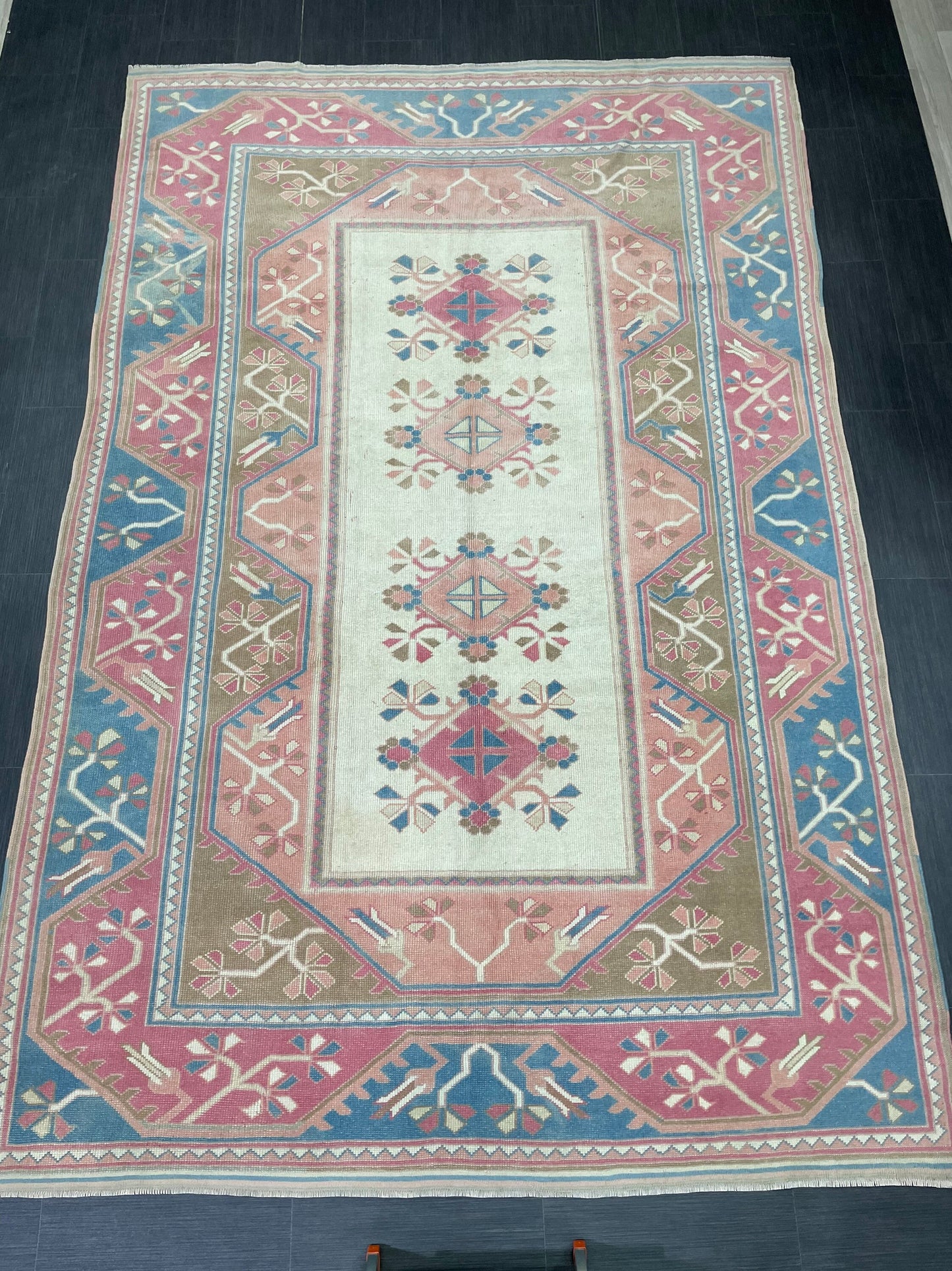 Hand Knotted Oushak Rug 6.8 x 10.3 Vintage Rug Handmade Turkish Rug Persian Rug Vintage Rug, Wool  Blue and Pink Rug Large Rug