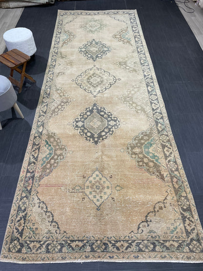 Muted Vintage Runner Rug Vintage Oushak Runner Rug 4.7 x 13 Hallway Runner Rug Turkish Kitchen Runner Rug Antique Wool Oriental Runner Rug