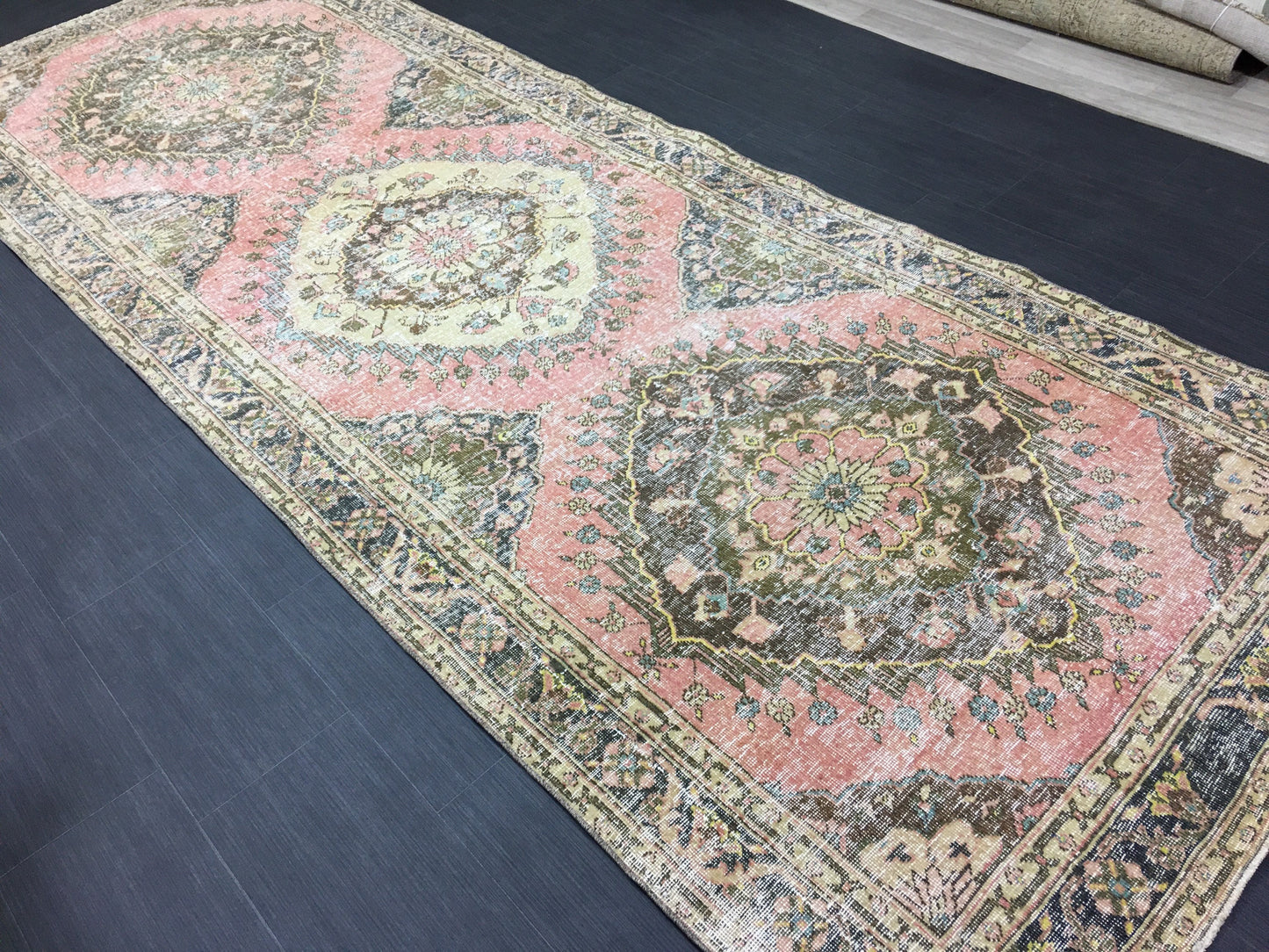 Handmade Vintage Runner Rug 4.6 x 12.7 Vintage Runner Hand Knotted TURKISH Runner Vintage Runner Distressed Vintage Persian Muted Runner