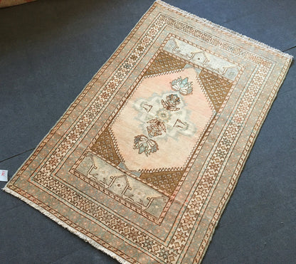 3.5'x5' feet handmade natural wool brown pink rug, turkish bedroom rug, wide oushak living room rug, large bathroom area rug,medium size rug