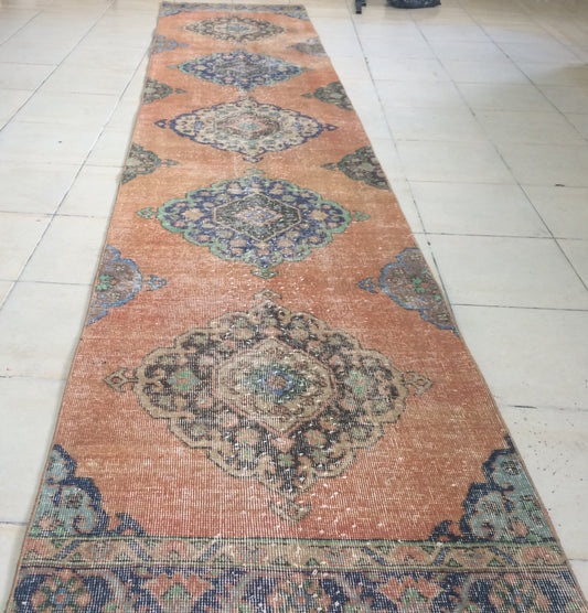 12.7 x 2.7 Ft Turkish Runner Rug Oushak Runner Rug Pastel colors Vintage  Runner Rug Hand Made Oushak  Runner Rug  Rustic Runner Rug