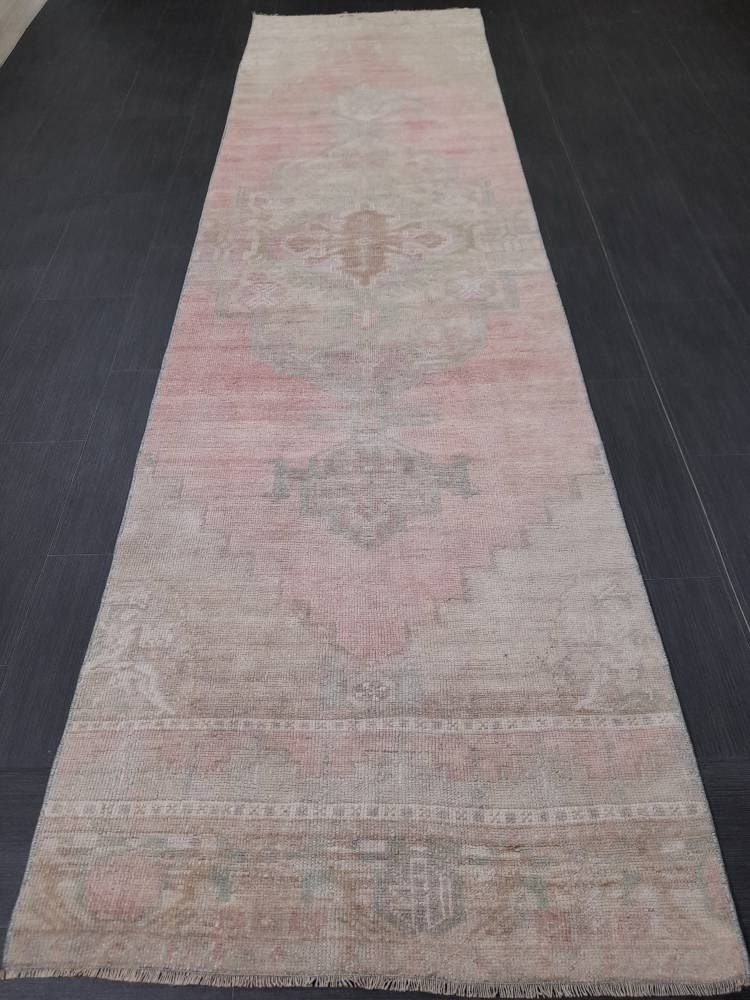 Muted Vintage Oriental Runner Rug 3 x 10.8 Turkish Runner Rug muted Vintage Runner Rug Hallway Runner Rug Kitchen Runner Rug Wool Runner Rug