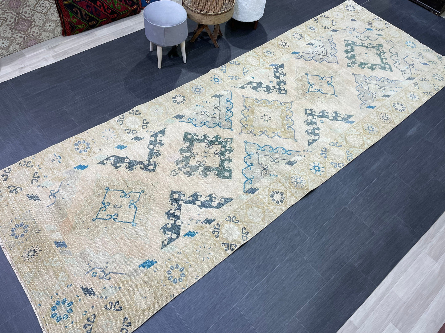 Vintage RUG, Antique Rug, 4.6 x 12.9 Distressed Muted Rug, Muted Wool Neutral Rug, Handmade Rug, Vintage Turkish Rug, Hand Knotted Rug,