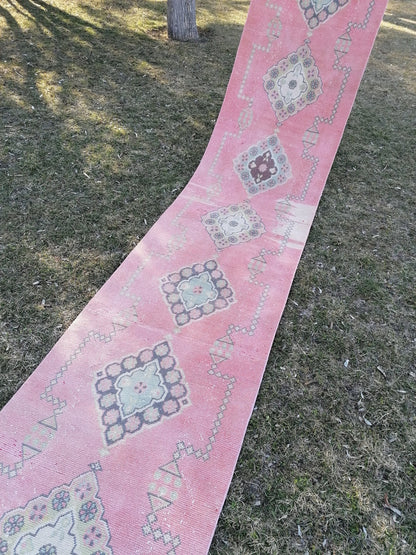 Vintage runner rug 2.10 x 22.10 pink runner rug, oushak wool handmade runner